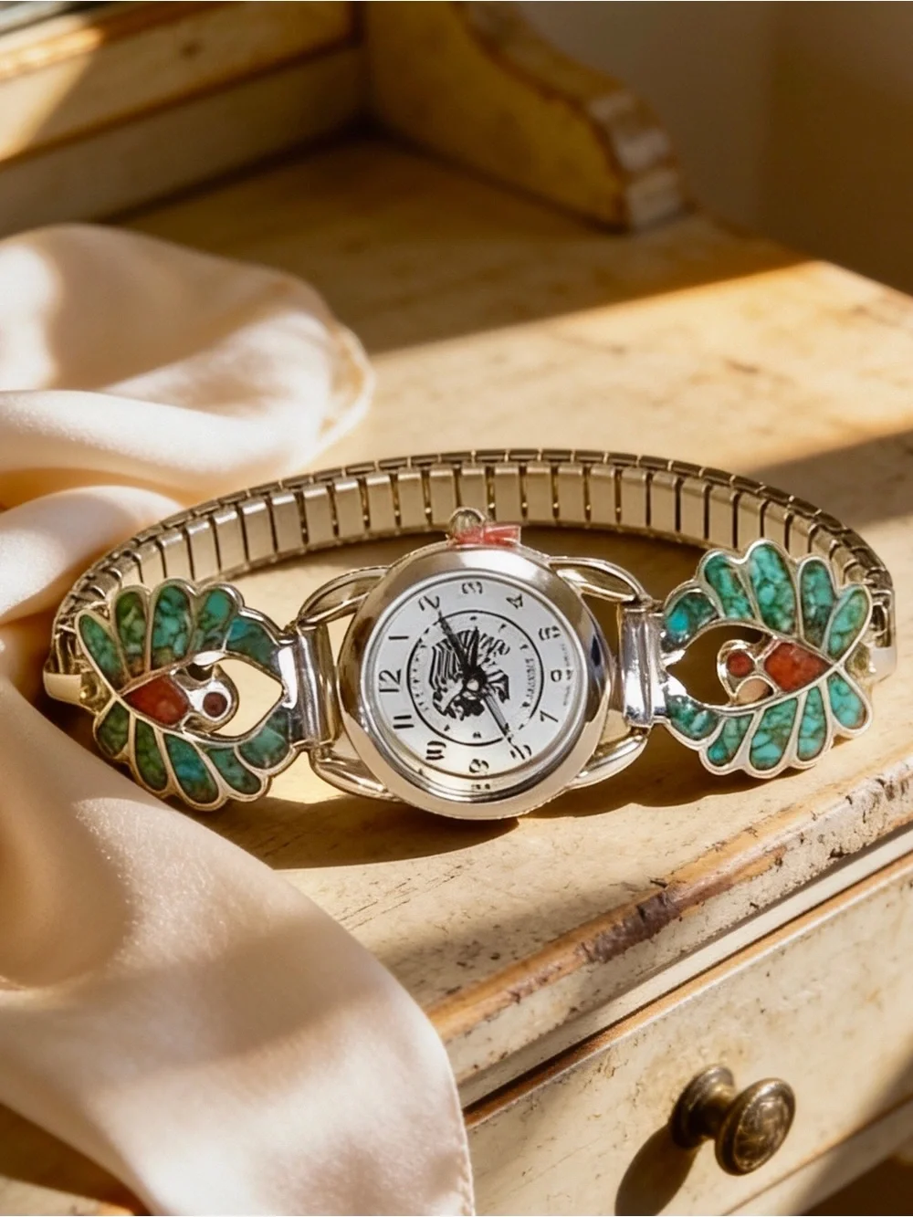 Ladies VTG Silver Navajo Turquoise/Coral Thunderbird Tips New Indian Head Watch
